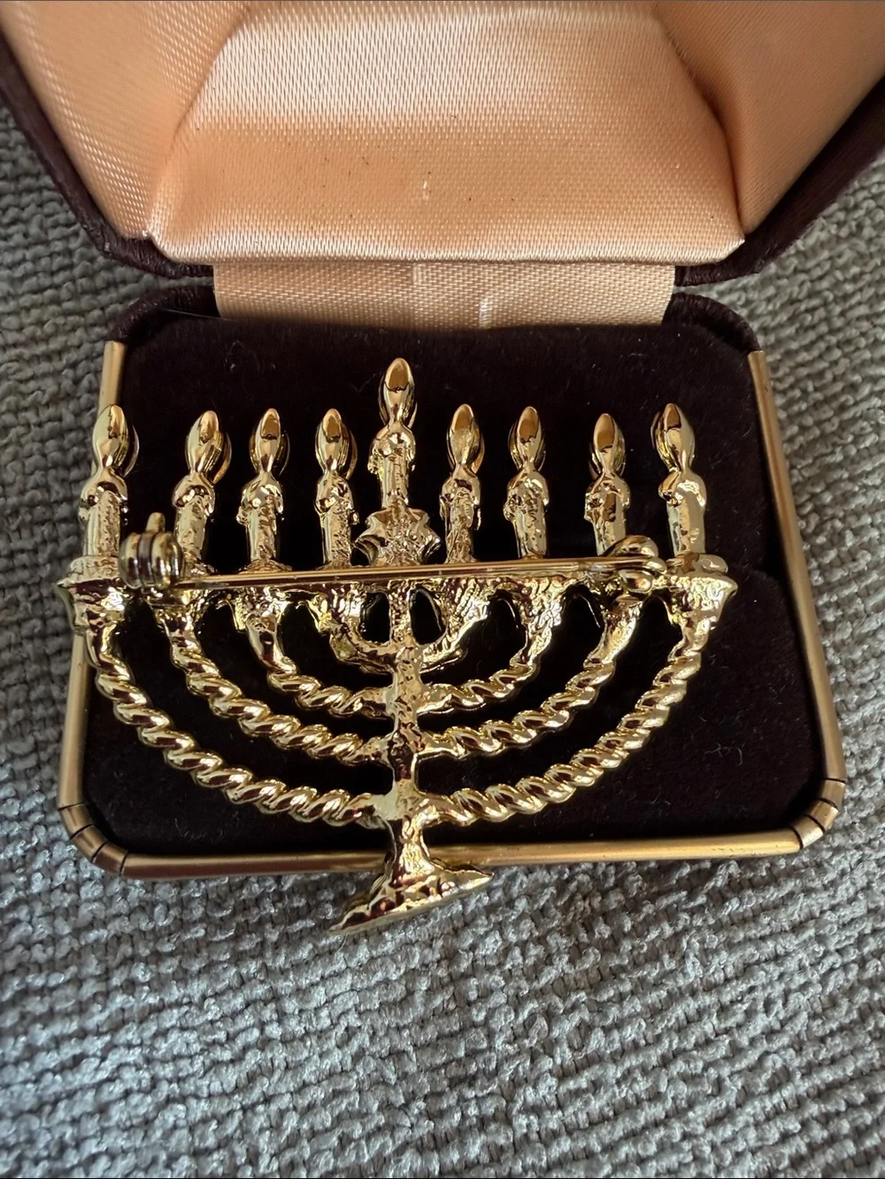 Vintage Gold Menorah Hanukkah Brooch Pin with Crystals & Velvet Box